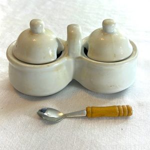⭐️ Houston Harvest vtg compote porcelain server with spoon dual condiment caddy